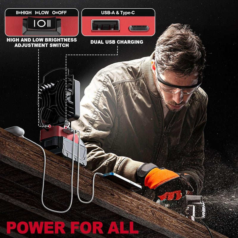 MtiolHig 2PCS Cordless LED Work Light Compatible with Milwaukee 18v Battery,112W 11200 Lumens Battery Powered LED Flood Light Only, with USB & Type-C Charging for Emergency, Workshop, Outdoor - Image 3